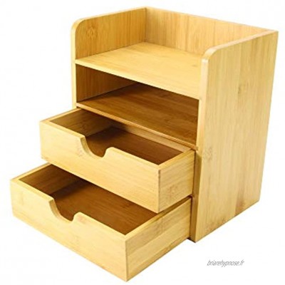 Organiseur de bureau en bambou à 4 niveaux | Mini rangement de bureau avec tiroirs | Rangement de papeterie à 2 tablettes et 2 tiroirs | M&W