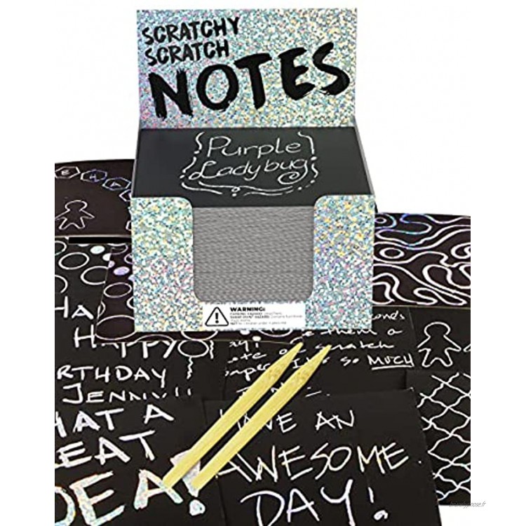 Bloc-Notes Magique de Purple Ladybug Carte à Gratter pour Enfants et Adultes! Cube de 150 Feuilles de Papier Noir Fond Argent pour Dessin Jeux et Écriture 2 Stylets Inclus