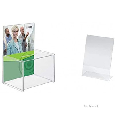 SIGEL VA150 Boîte à donations en acrylique porte-affiche pour A4 22,5 x 31 x 17 cm transparent & TA212 Présentoir incliné de table 21,5 x 15 x 6,5 cm acrylique transparent