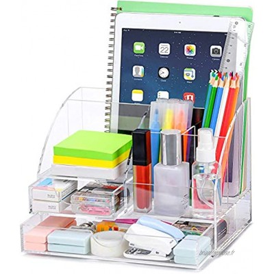 POPRUN Acrylique Organiseur de bureau avec pot a crayon,Papeterie Organizer avec Pot à Stylo et tiroir,pour l'école le bureau et la salle de classe transparent