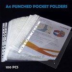 Lot de 100 pochettes transparentes en plastique A4 11 trous Non agrafées Pour documents feuilles Transparent
