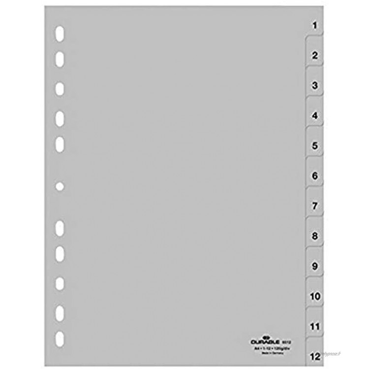 Durable 651210 Index gris en chiffres onglets A4 en relief 1-12 PP entièrement recouvrant paquet de 1 x 25