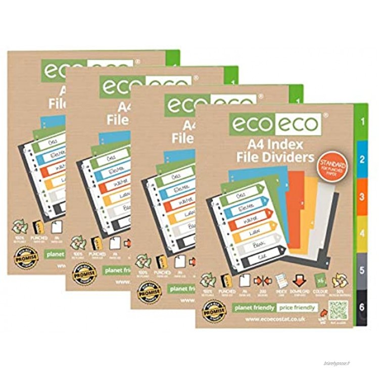 eco-eco Lot de 4 intercalaires A4 50% recyclés renforcés colorés 200 g m²