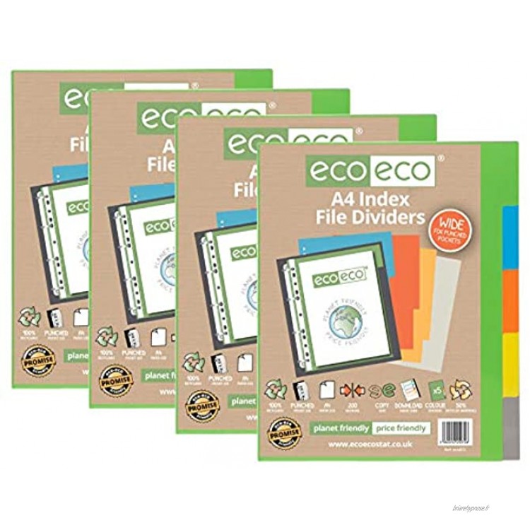 eco-eco Lot de 4 intercalaires A4 50% recyclés renforcés perforés 5 intercalaires extra larges 200 g m²