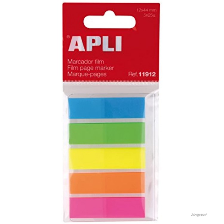 APLI 11912 Index adhésifs film 45 x 12 mm 5 couleurs fluorescentes 25 index par couleur Marque-pages fluo