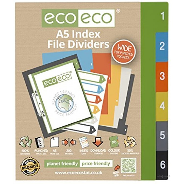 eco-eco A5 50% Recyclé Set 6 Diviseurs de Fichiers à Index Large Multicolore eco025