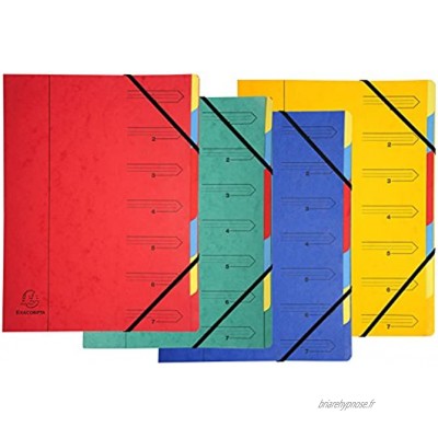 Exacompta 54070E Trieur agrafé avec élastiques 7 compartiments intérieur en carte couleur vive. Classement de documents format A4 Coloris aléatoire  bleu jaune rouge ou vert
