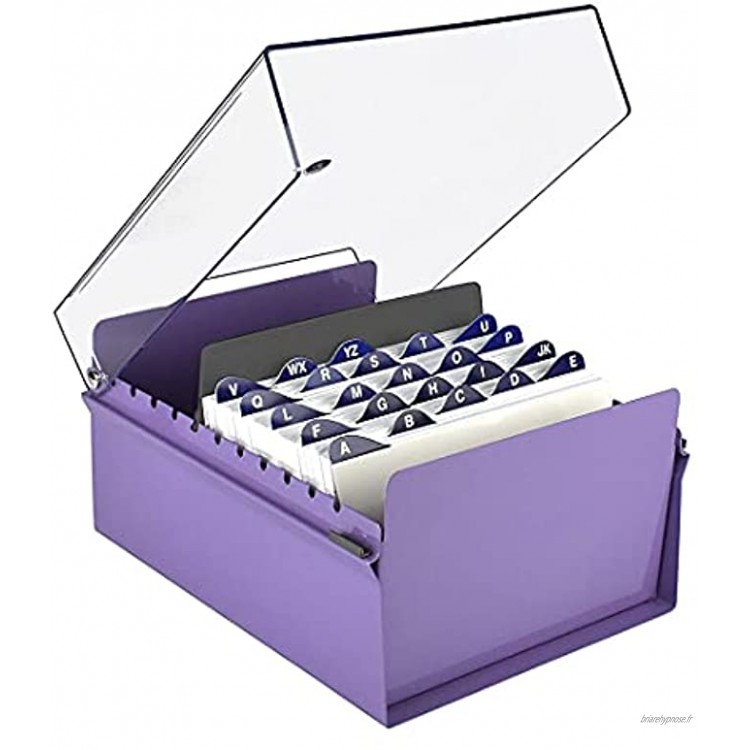 Acrimet Boîte à fiches Organisateur 5'' x 8'' Base en Métal Index Alphabétique AZ 205mm de largeur x 138mm de hauteur et Séparateur Inclus Couleur Violet avec Couvercle en Plastique Transparent