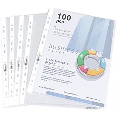100 Pochettes Perforée Perforées A4 160 Microns Qualité Transparent pochettes plastiques Pour protéger le papier les fichiers et documents Ouverture sur le haut