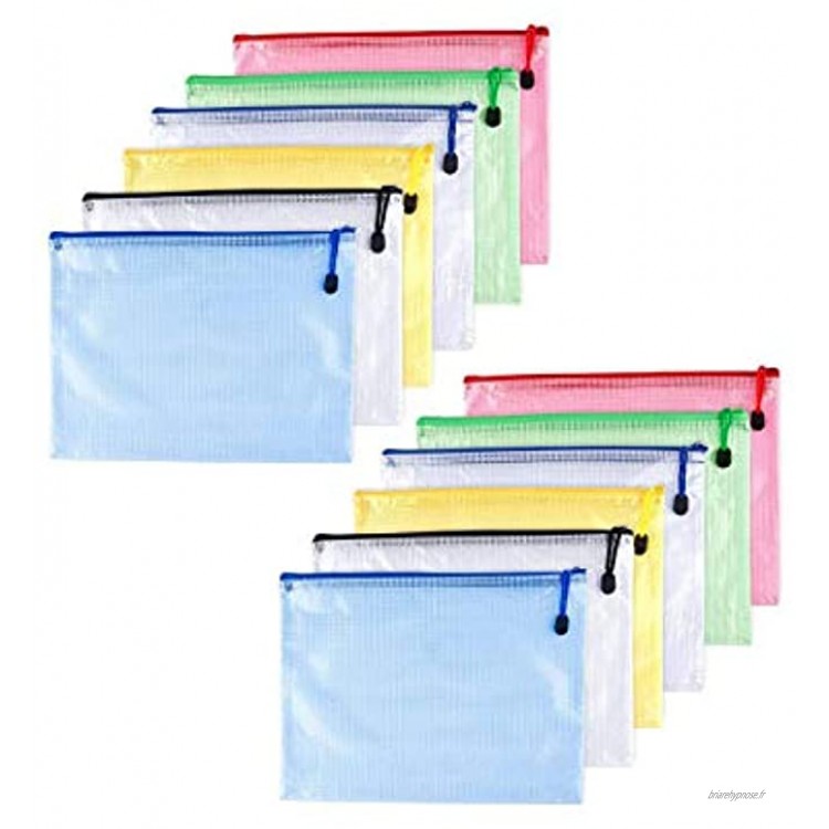 12pcs Chemise Paquet Portefeuille Pochette en PVC Zip Document Dossier PVC School Office Magazine Document File Zippy Closure Folder Holder Bag-Noir,Bleu,Blanc,Juane,Vert,Rouge-B6