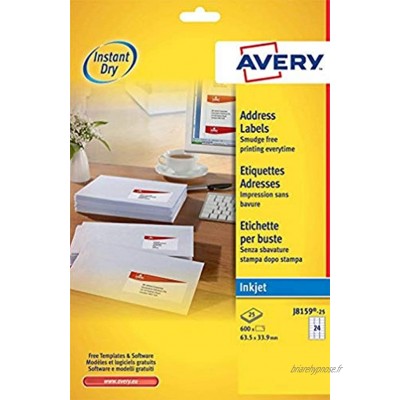 Avery J8159-25 Etiquettes 63.5 x 33.9mm Blanc