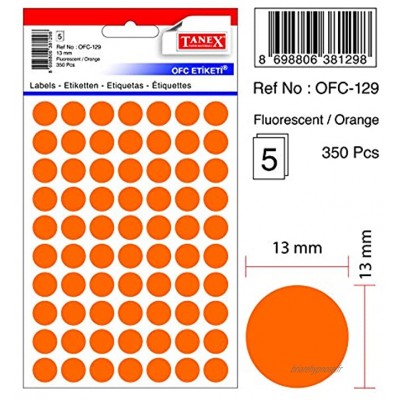 TANEX OFC-129 Lot de 350 étiquettes rondes fluorescentes Orange Ø 13 mm