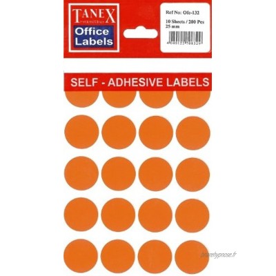 TANEX OFC-132 Lot de 100 étiquettes rondes colorées Ø 25 mm Orange fluo