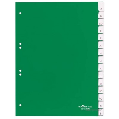 Durable 622205 Intercalaires Format A4 15 Touches Onglets Soudés et Planches d'Insertions 1-15 A-Z Page de Garde Perforations 6 trous PVC Rigide Coloris Vert