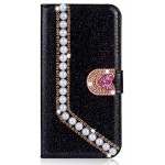 Miagon Coque Diamant pour Huawei P30,Glitter Strass Perle Cœur PU Cuir Étui à Rabat Portefeuille Stand et Porte-Carte Housse de Protection Cover,Noir