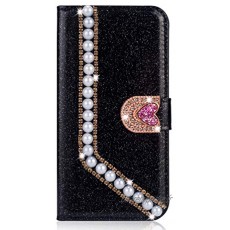 Miagon Coque Diamant pour Huawei P30,Glitter Strass Perle Cœur PU Cuir Étui à Rabat Portefeuille Stand et Porte-Carte Housse de Protection Cover,Noir