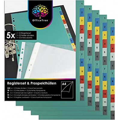 OfficeTree 5x Intercalaires Classeur A4 avec impression du numéro 5x 1-12 multicolore Intercalaire avec 12x Pochette plastiques A4 transparentes pour un classement parfait
