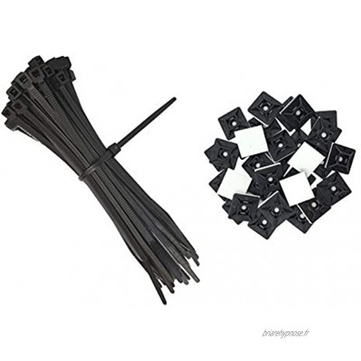 intervisio Collier de Serrage 200 mm x 2,5 mm Serre Cables Rilsan 200mm Nylon Lot de 100 Pièces + Embases Adhesive pour Attache de Cable 19 mm Auto Adhésif 50 Pièces Noir