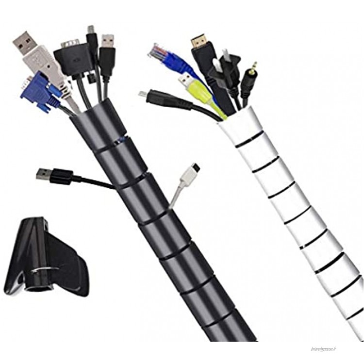Cozywind Cache Câble Universel en Spirale 1,5M x 2 câbles flexibles pour Ranger ou Cacher Les Câbles Avec Clip de Guidage pour la Plupart des Câbles Schwatz et BlaNoir et Gris