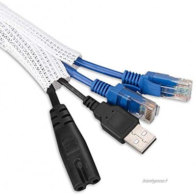 Manchon de Câble Gaine 3 Mètres Souple Ajustable AGPTEK Gestion des Câbles Rangement Tressée Fendue en PET Protection du cache-câbles pour Câbles Télé Ordinateur USB Audio Vidéo- Blanc